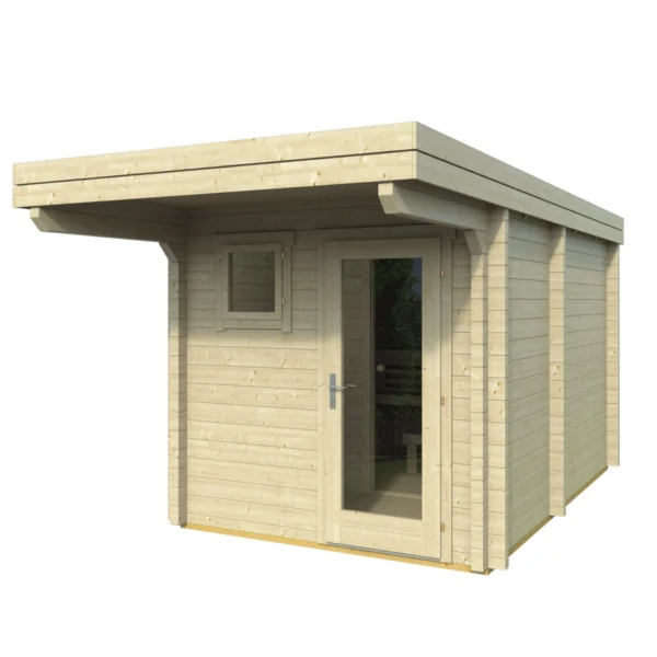 Ahti M Flat sauna measuring 2.4 x 3.8m, featuring a sauna room and a customizable smaller room. Constructed from durable Nordic spruce with insulated roof elements for year-round use and comfort.