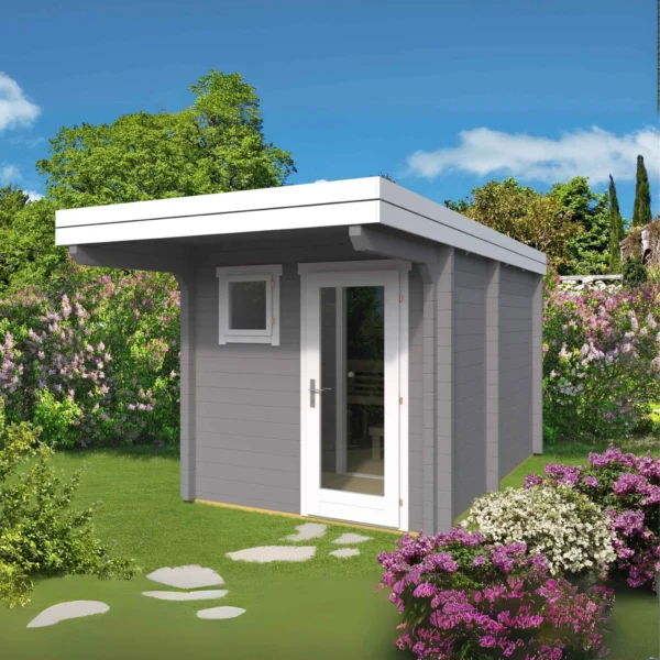 Ahti M Flat sauna measuring 2.4 x 3.8m, featuring a sauna room and a customizable smaller room. Constructed from durable Nordic spruce with insulated roof elements for year-round use and comfort.