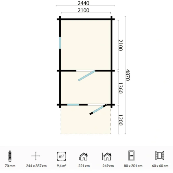 Ahti M Flat sauna measuring 2.4 x 3.8m, featuring a sauna room and a customizable smaller room. Constructed from durable Nordic spruce with insulated roof elements for year-round use and comfort.