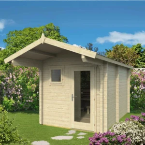 A modern Ahti M sauna, 2.4 x 3.8m, built with durable 70mm walls for Nordic climates. Includes a sauna room, versatile middle room, and terrace for a complete wellness experience.