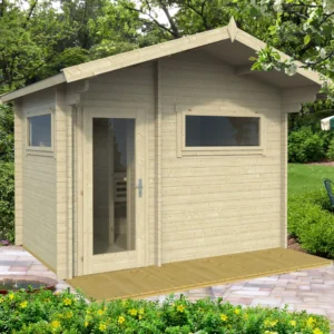Ahti XL -sauna, jossa on 70 mm paksut seinät ja muunneltava pienempi huone pukuhuoneeksi tai suihkutilaksi. Pohjoisen olosuhteisiin suunniteltu ulkosauna, joka tarjoaa modernin ja lämpimän saunakokemuksen.