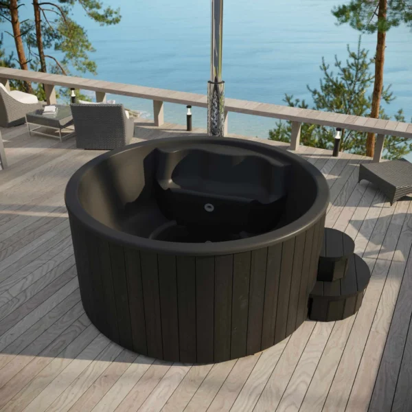 Black "Delux" hot tub with integrated heater, 2000mm diameter, ergonomic fiberglass seating for up to six people, and sleek thermowood exterior treated with weather-resistant stain for a luxurious outdoor spa experience.