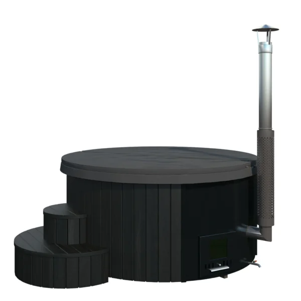Black "Delux" hot tub with integrated heater, 2000mm diameter, ergonomic fiberglass seating for up to six people, and sleek thermowood exterior treated with weather-resistant stain for a luxurious outdoor spa experience.