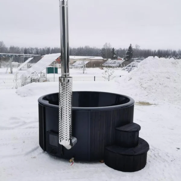 Black "Delux" hot tub with integrated heater, 2000mm diameter, ergonomic fiberglass seating for up to six people, and sleek thermowood exterior treated with weather-resistant stain for a luxurious outdoor spa experience.