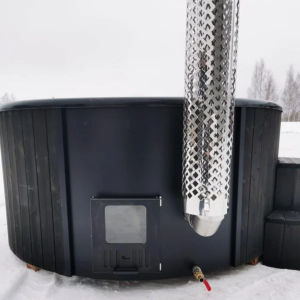 Black "Delux" hot tub with integrated heater, 2000mm diameter, ergonomic fiberglass seating for up to six people, and sleek thermowood exterior treated with weather-resistant stain for a luxurious outdoor spa experience.