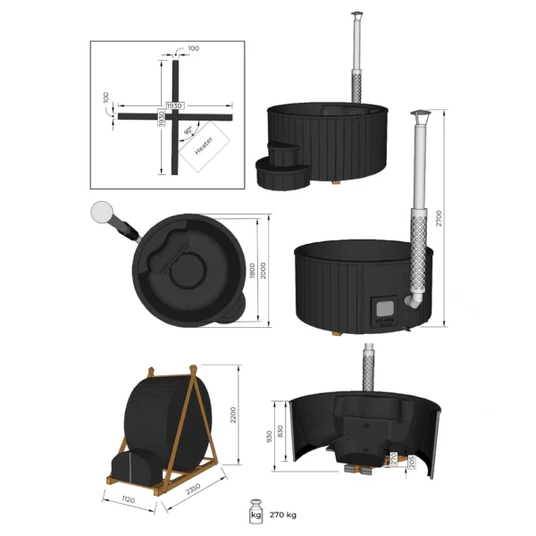 Black "Delux" hot tub with integrated heater, 2000mm diameter, ergonomic fiberglass seating for up to six people, and sleek thermowood exterior treated with weather-resistant stain for a luxurious outdoor spa experience.