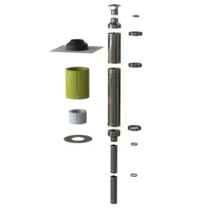 Exploded view of Double Wall Chimney System DW50, showcasing components including pipes, connectors, and insulation layers