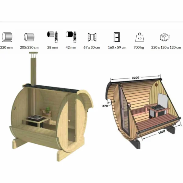 Ehala 2.2m Barrel Sauna – Compact Nordic spruce sauna with tempered glass door and ergonomic benches.