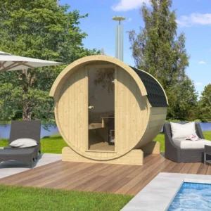 Ehala 2.2m Barrel Sauna – Compact Nordic spruce sauna with tempered glass door and ergonomic benches.