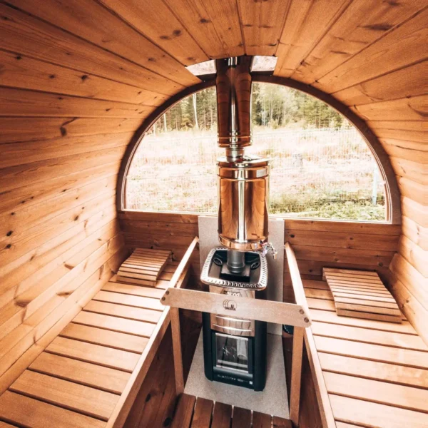Ehala 2.2m Barrel Sauna – Compact Nordic spruce sauna with tempered glass door and ergonomic benches.