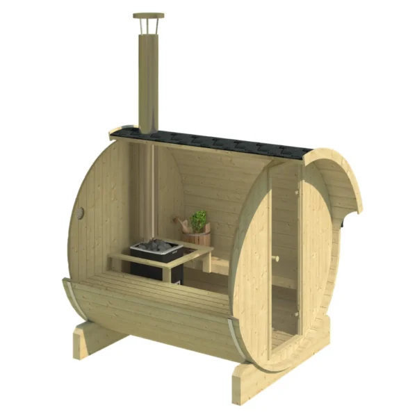 Ehala 2.2m Barrel Sauna – Compact Nordic spruce sauna with tempered glass door and ergonomic benches.