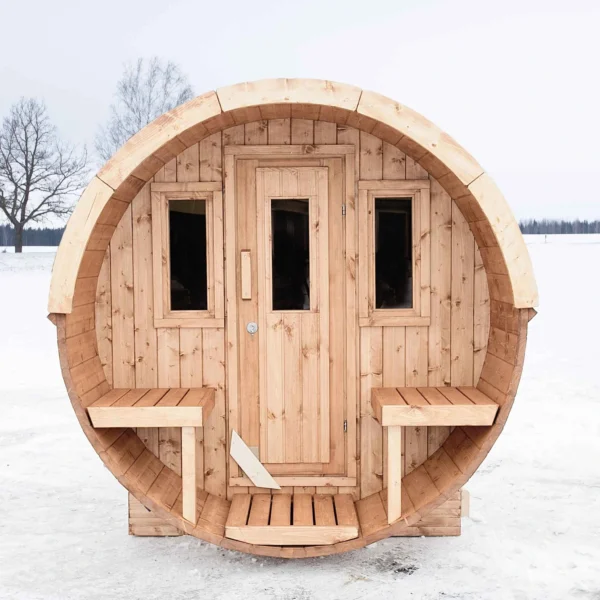 Compact Ehala 250 Barrel Sauna for 4 people with outdoor seating, crafted from premium Nordic spruce with tempered glass windows.