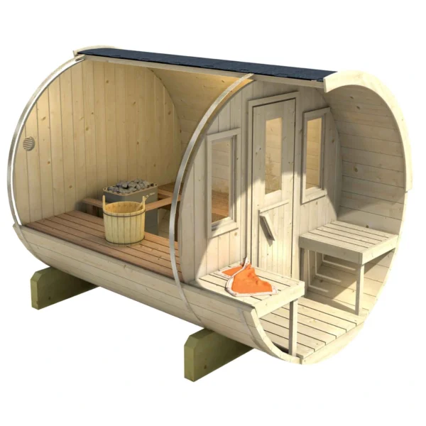 Compact Ehala 250 Barrel Sauna for 4 people with outdoor seating, crafted from premium Nordic spruce with tempered glass windows.