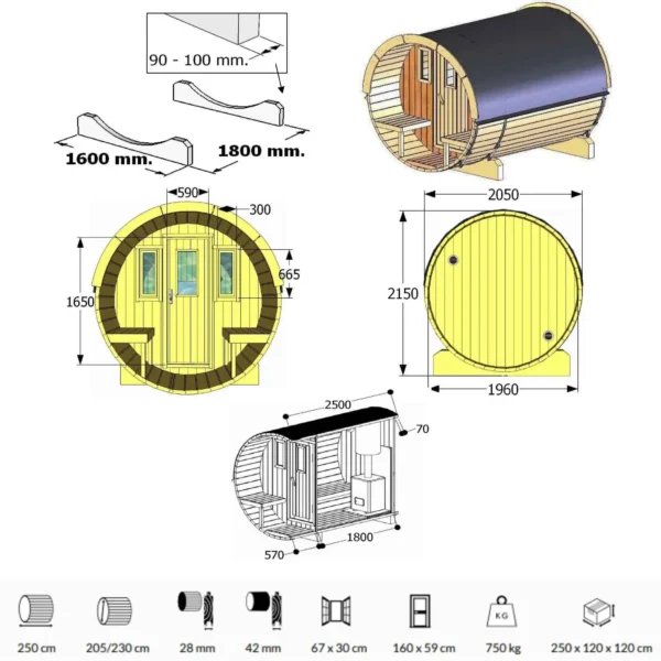 Compact Ehala 250 Barrel Sauna for 4 people with outdoor seating, crafted from premium Nordic spruce with tempered glass windows.