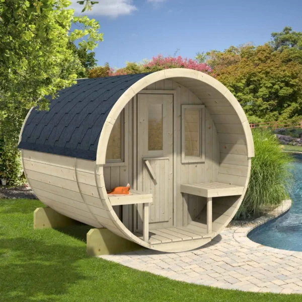 Compact Ehala 250 Barrel Sauna with outdoor seating, crafted from premium Nordic spruce with tempered glass windows.