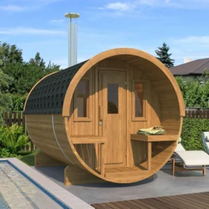 Compact Ehala 250 Thermowood Barrel Sauna with outdoor seating, crafted from durable thermowood with tempered glass windows.