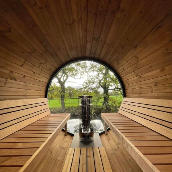 Ehala 280 Thermowood Barrel Sauna – Compact outdoor sauna with durable thermowood construction.