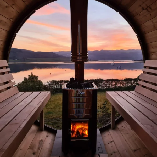 Ehala 280 Thermowood Barrel Sauna – Compact outdoor sauna with durable thermowood construction.