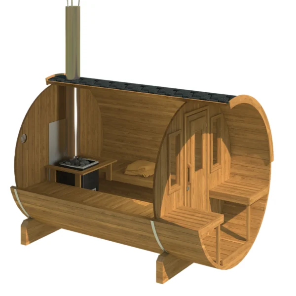 Ehala 280 Thermowood Barrel Sauna – Compact outdoor sauna with durable thermowood construction.