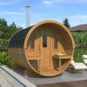 Ehala 280 Thermowood Barrel Sauna – Compact outdoor sauna with durable thermowood construction.