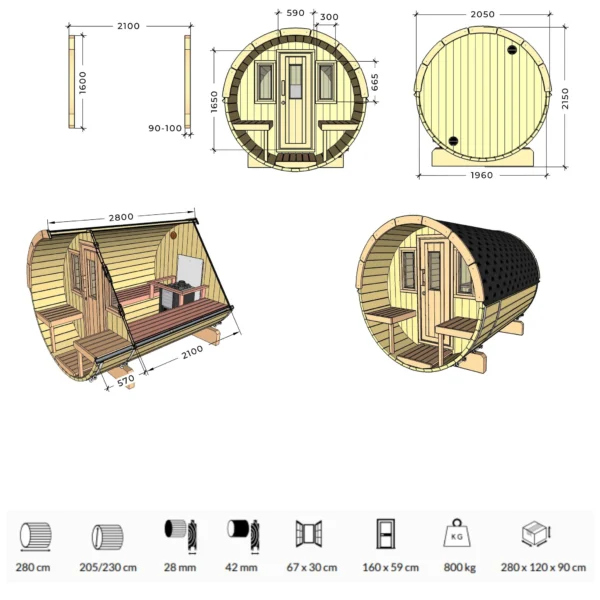 Ehala 280 Thermowood Barrel Sauna – Compact outdoor sauna with durable thermowood construction.