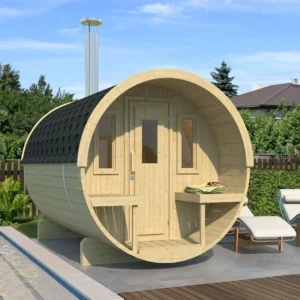 Compact Ehala 280 Barrel Sauna in a lush green garden with outdoor seating.