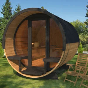 Luxurious thermowood barrel sauna with a full front glass wall for stunning outdoor views.