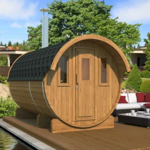 Ehala 330 Thermowood Barrel Sauna with changing room and overhang - perfect for outdoor relaxation.