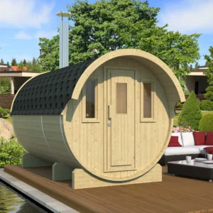 Premium barrel sauna made from Nordic spruce with integrated changing room and durable construction.