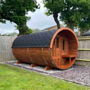 Ehala 400 Barrel Sauna – 4m sauna made from thermowood, with a sauna room, changing area, and outdoor seating.