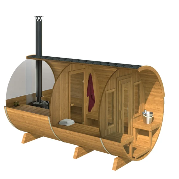 Puolikuun ikkunalla varustettu Ehala 400 Deluxe tynnyrisauna.