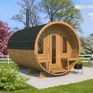 A luxurious 4-meter thermowood barrel sauna with a half-moon back window and terrace.