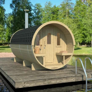 A luxurious 4-meter thermowood barrel sauna with a half-moon back window and terrace.