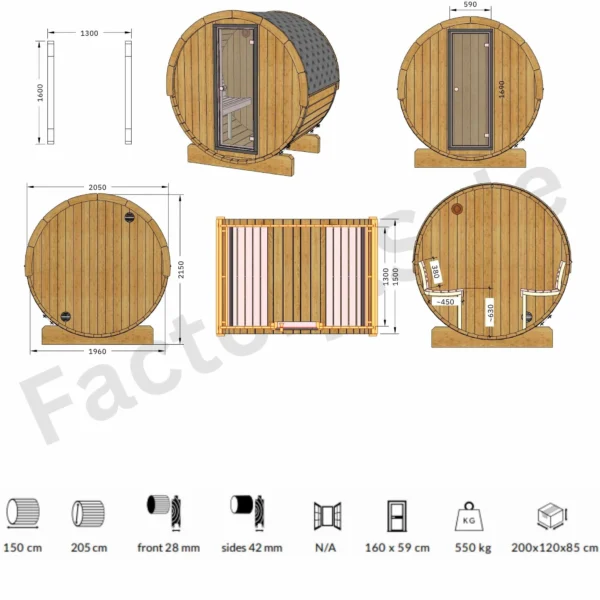 A compact Ehala Ergo 150 barrel sauna made from Nordic spruce. Perfect for 4 people, with ergonomic design and durable materials for year-round relaxation.