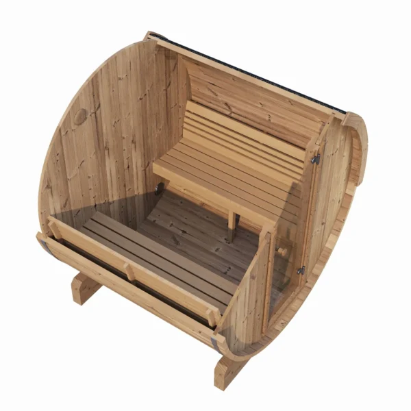 Kompakti Ehala Ergo 150 -tynnyrisauna, valmistettu lämpökäsitellystä puusta. Sopii enintään neljälle henkilölle, ergonominen muotoilu ja säänkestävät materiaalit.