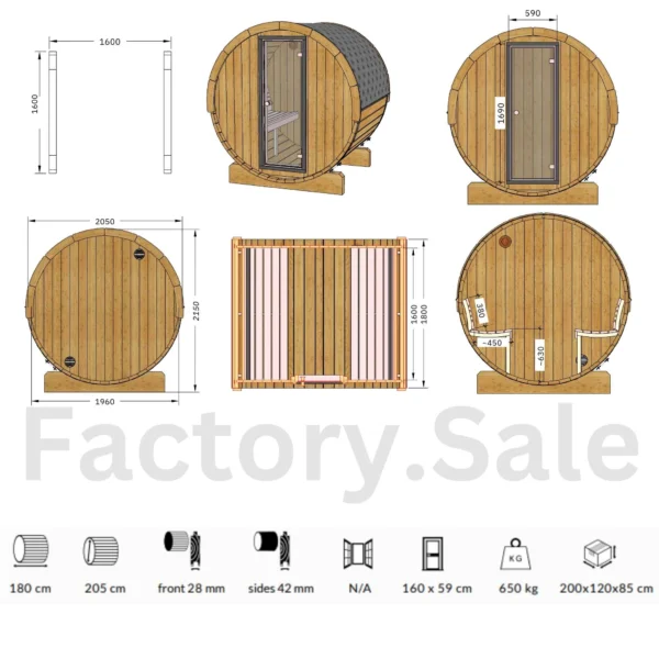 The Ehala Ergo 180 sauna made from Nordic spruce, a compact and stylish barrel sauna for up to 6 people, perfect for creating a relaxing retreat in any outdoor space.