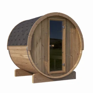 The Ehala Ergo 220 sauna is a Nordic spruce 2.2-meter barrel sauna with ergonomic benches, a glass door, and stylish design. Suitable for six people, this sauna provides a premium wellness experience.