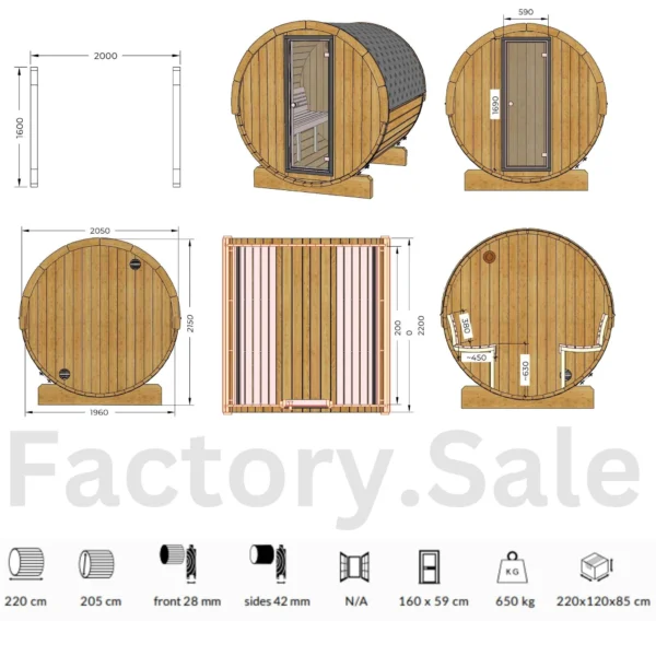 Kaunis Ehala Ergo 220 tynnyrisauna, valmistettu lämpöpuusta. Ergonomiset penkit, selkänojat ja lasiovi tekevät siitä täydellisen ulkosaunan jopa kuudelle hengelle.