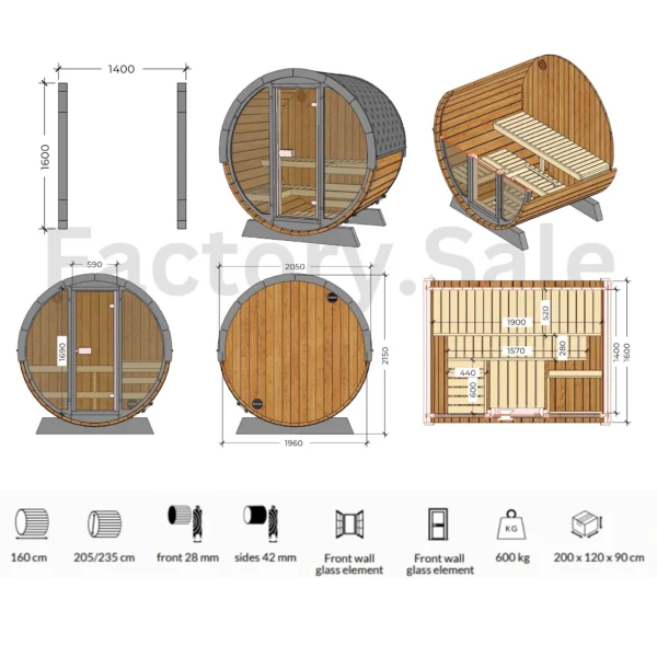 Compact 1.6m barrel sauna with a full glass front wall, perfect for poolside relaxation.