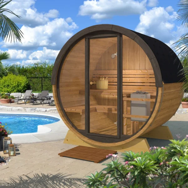 Compact 1.6m barrel sauna with a full glass front wall, perfect for poolside relaxation.