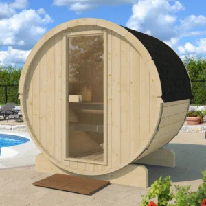 Compact Ehala Terrace Barrel Sauna 1.6m, crafted from spruce wood for durability and style.