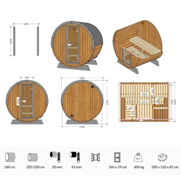 Durable and stylish 1.6m barrel sauna crafted from thermowood for small spaces