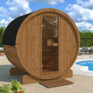 Durable and stylish 1.6m barrel sauna crafted from thermowood for small spaces