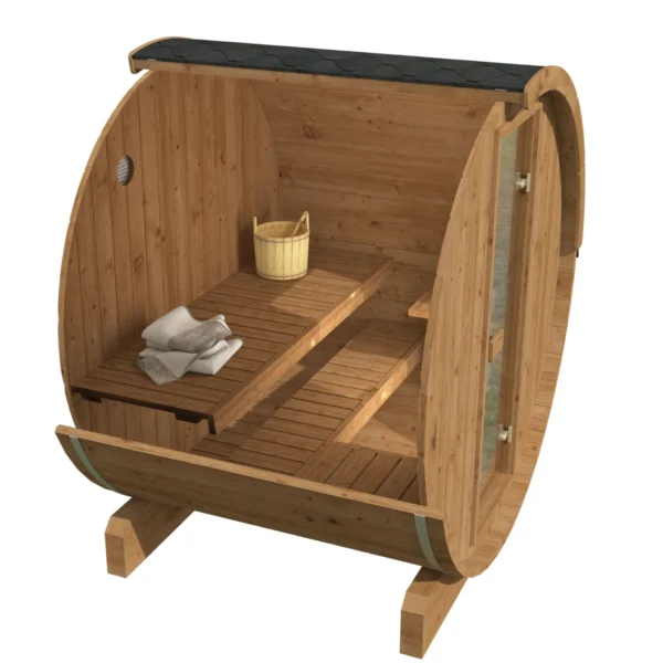 Compact thermowood barrel sauna with terrace, perfect for 2-3 people