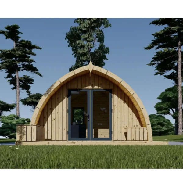 Wooden garden cabin BRETA, 4x6 m, 24 m², with a unique rounded design, large double doors, and surrounded by lush greenery.