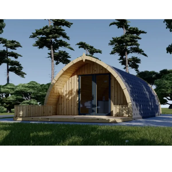 Wooden garden cabin BRETA, 4x6 m, 24 m², with a unique rounded design, large double doors, and surrounded by lush greenery.