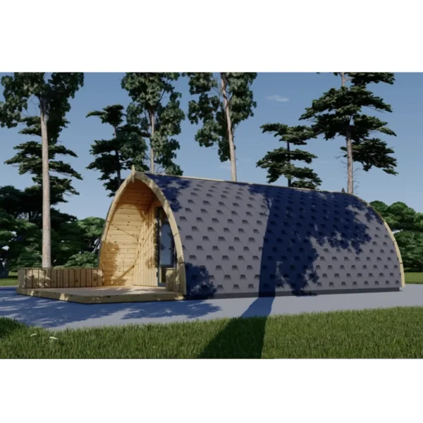 Side view of a wooden garden cabin BRETA, 4x6 m, 24 m², with a unique rounded design, large double doors, and surrounded by lush greenery.
