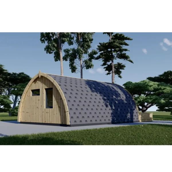 Side view of a wooden garden cabin BRETA, 4x6 m, 24 m², with a unique rounded design, large double doors, and surrounded by lush greenery.