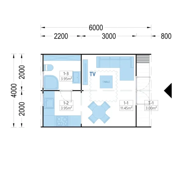 Floor plan of the BRETA garden cabin, 4x6 m, 24 m², showing layout with living area, bathroom, kitchen, and compact terrace.