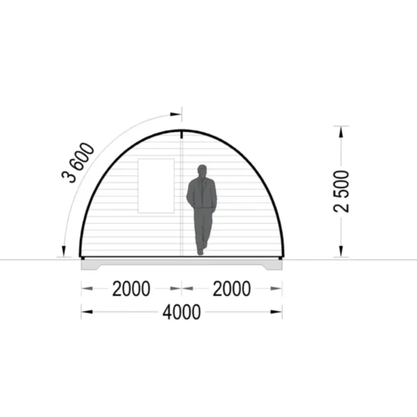 Cross-section view of the BRETA garden cabin, 4x6 m, 24 m², showing rounded design, dimensions, and interior height for scale.